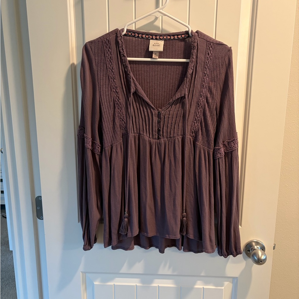 Knox Rose Plum Lace-Trim Peasant Top